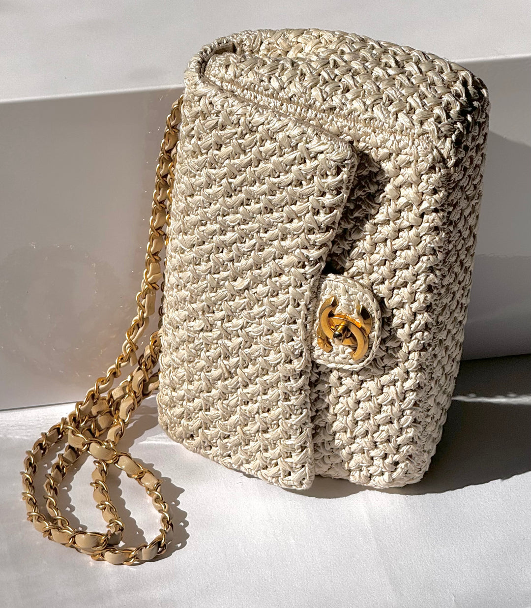 Chanel Raffia Crochet Flap Tan Matte Gold Hardware 18C