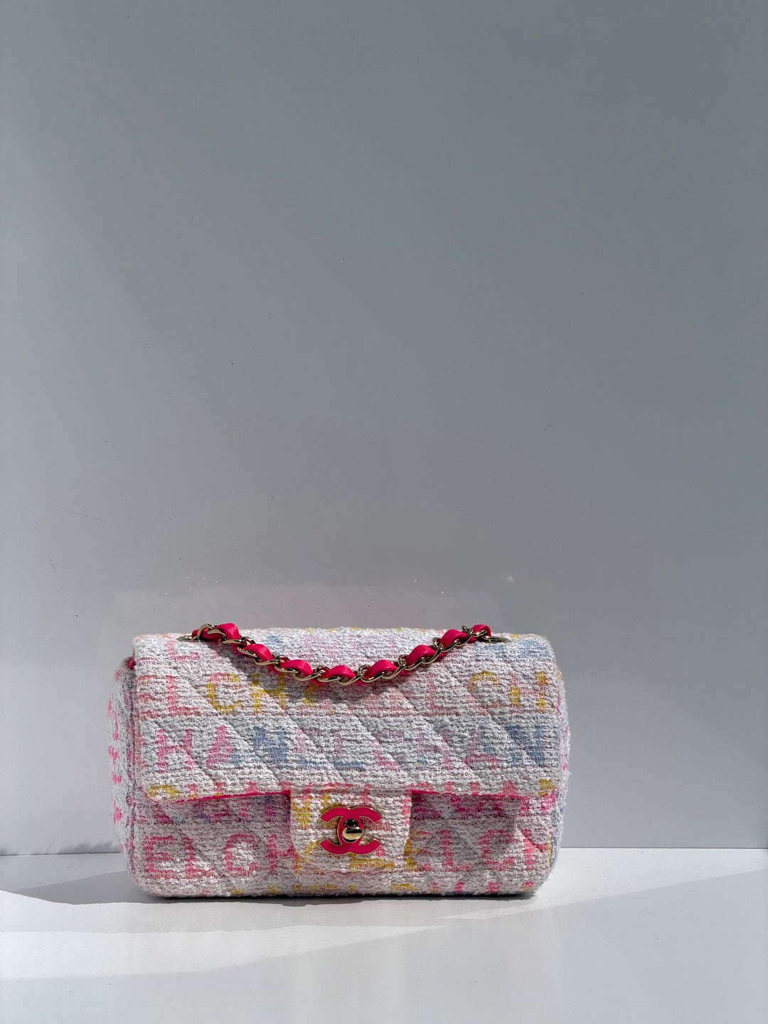 Chanel Mini Rectangular Classic Flap Bag Multicolor Logo Tweed Light Gold Hardware 2024