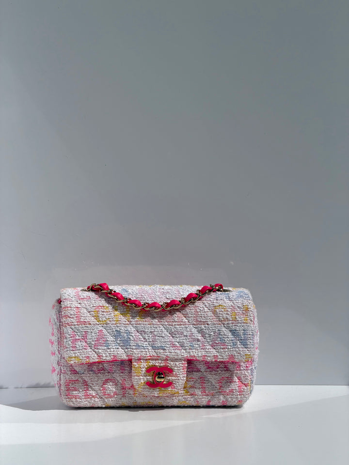Chanel Mini Rectangular Classic Flap Bag Multicolor Logo Tweed Light Gold Hardware 2024