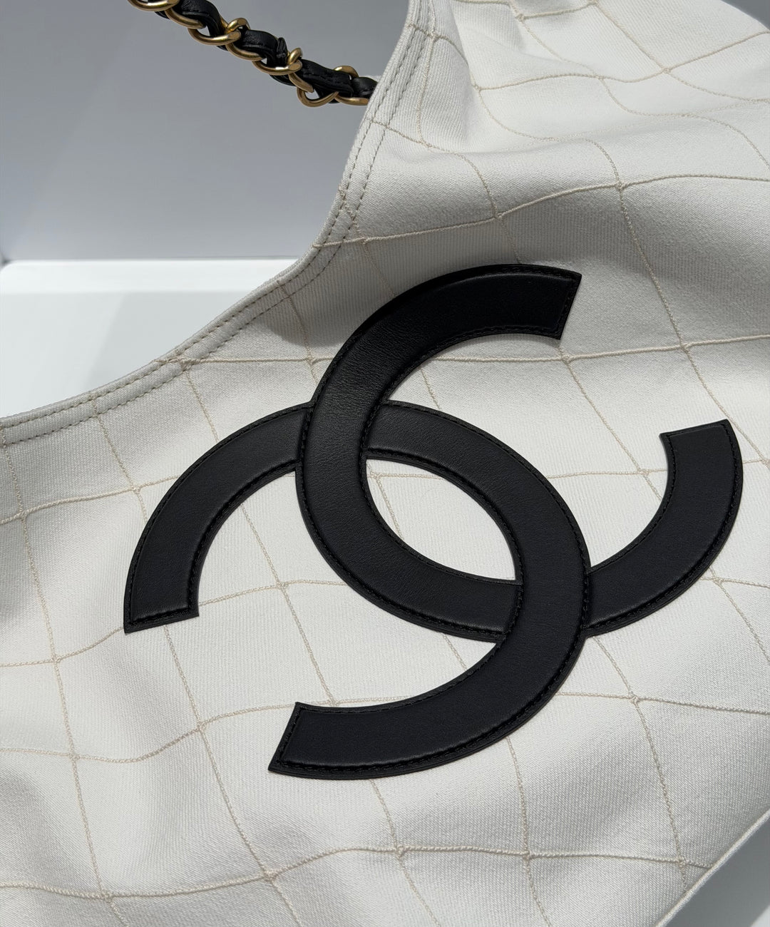 Chanel Coco Beach Maxi Shopping Bag White Denim Black Calfskin Gold Hardware 2026