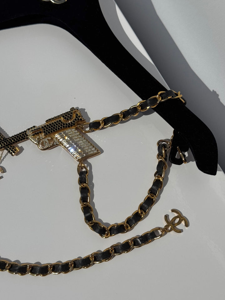Chanel Runway Pistols Belt Necklace Black Leather Crystal Gold Hardware 2001