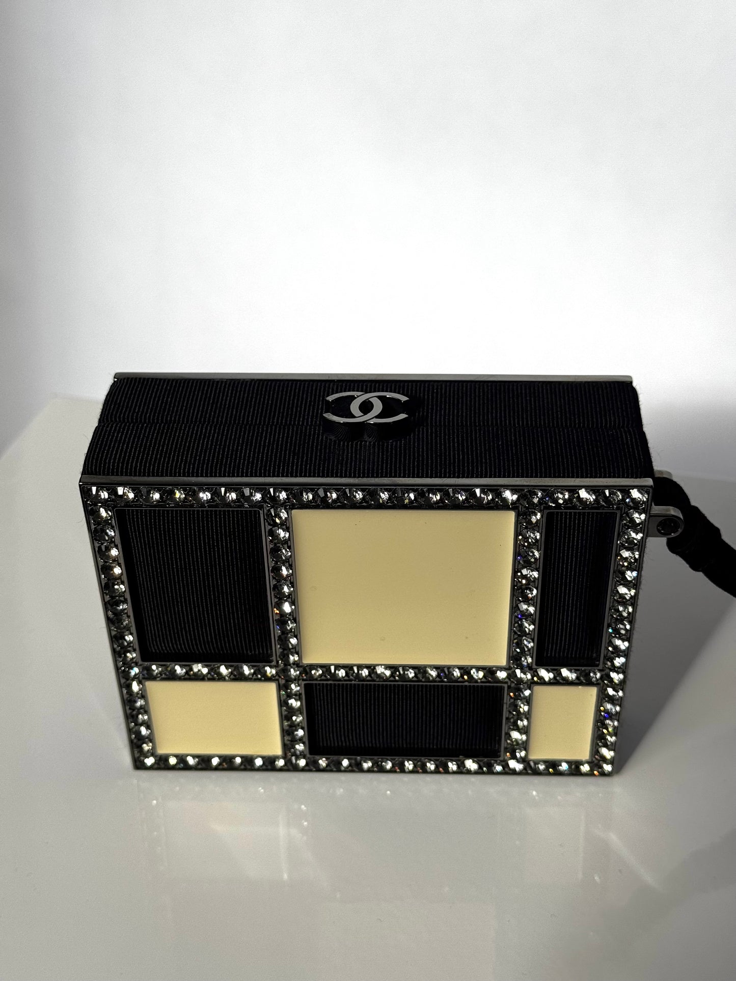 Chanel Minaudière Clutch in Plexi, Black cotton Piqué and Rhinestones