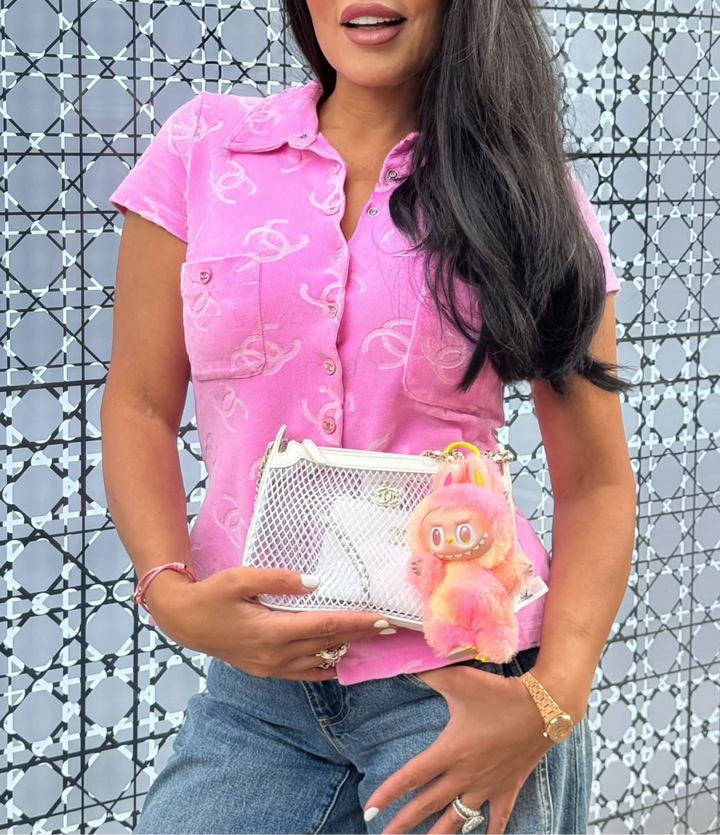 Chanel Spring 1996 Pink Velour CC Button Top X EstherandSasha