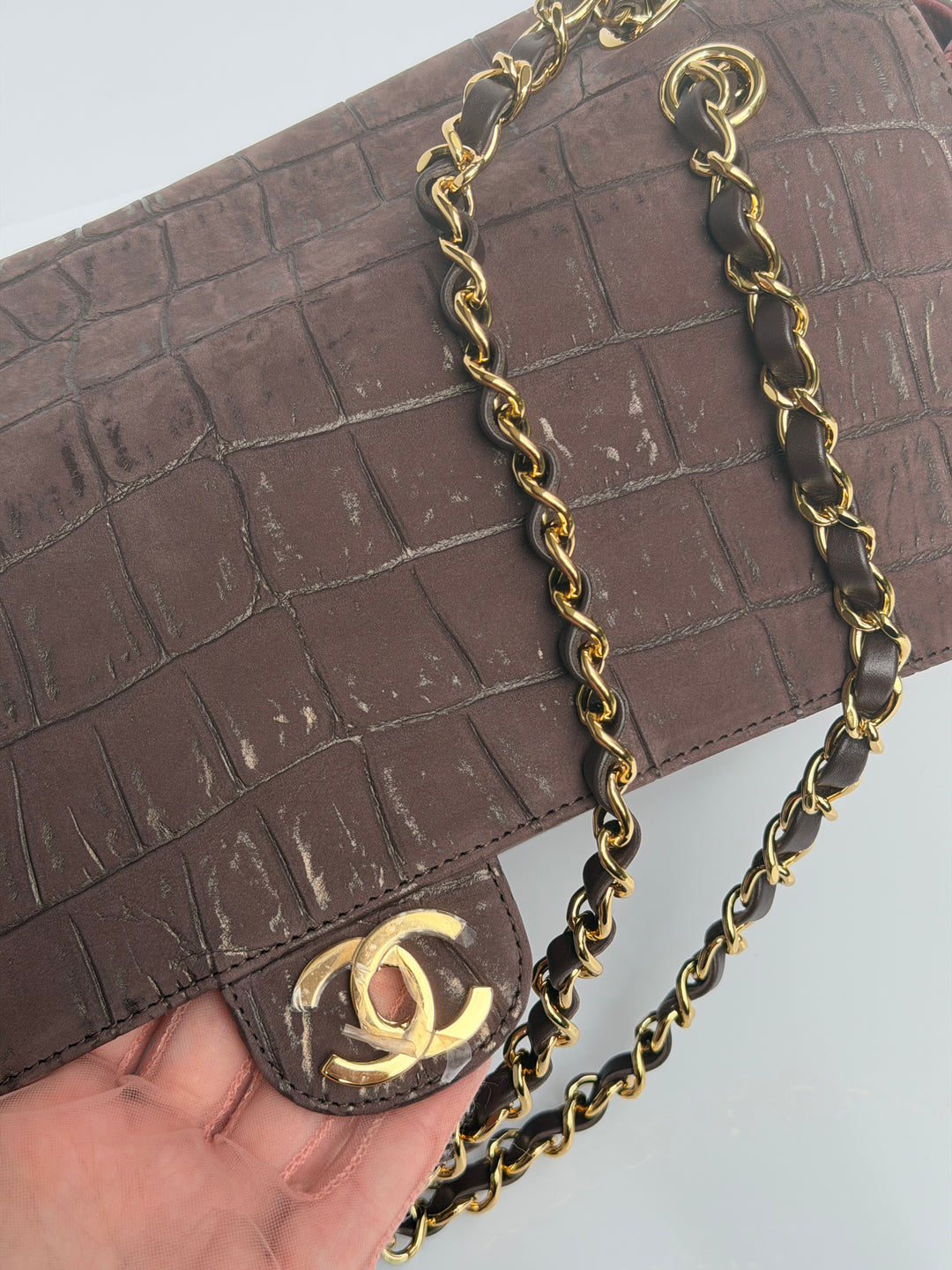 Chanel Maxi Flap Bag Brown Croc-Embossed Suede Calfskin Gold Tone Hardware 2026