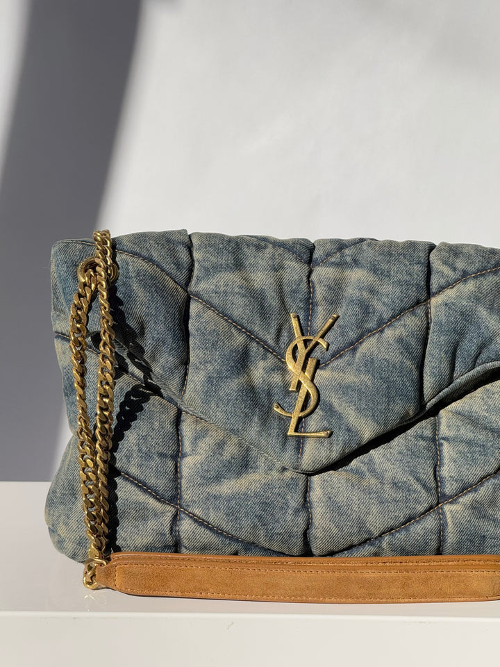 Saint Laurent Medium Denim Puffer Quilted Shoulder Bag