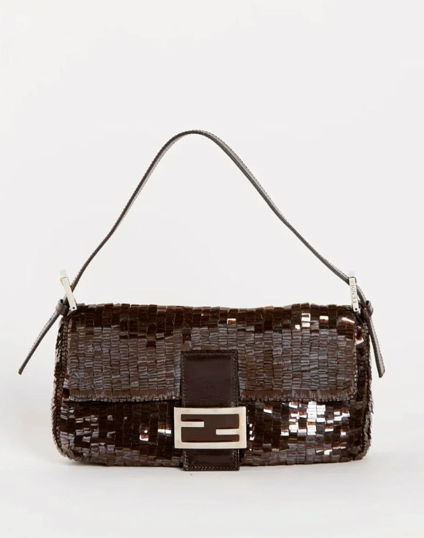 Fendi Brown Sequin Zucca FF Baguette Silver Hardware
