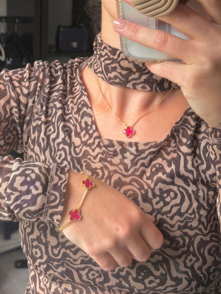 Van Cleef & Arpels Vintage Alhambra 5 Motif Bracelet Pink Enamel 18K Yellow Gold & Matching Pendant