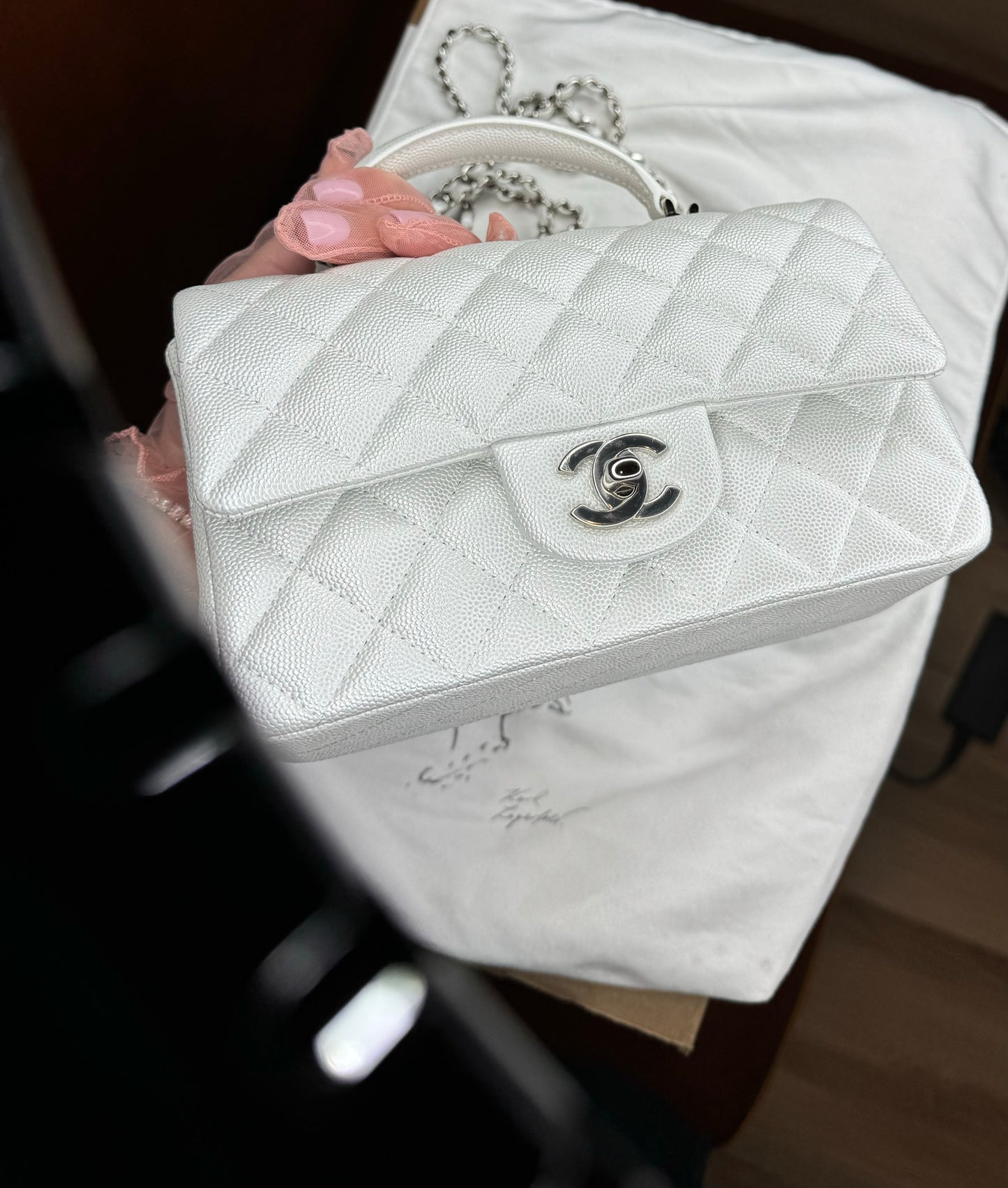 Chanel 21S Mini Iridescent White Caviar Top Handle