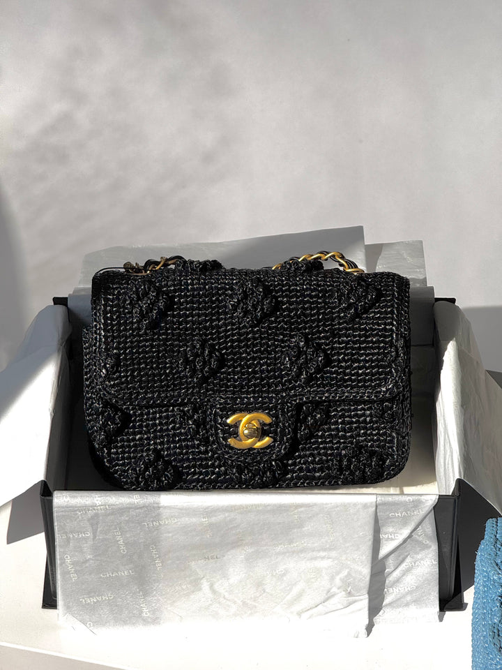 Chanel 24P Black Braided Raffia Mini Flap Bag