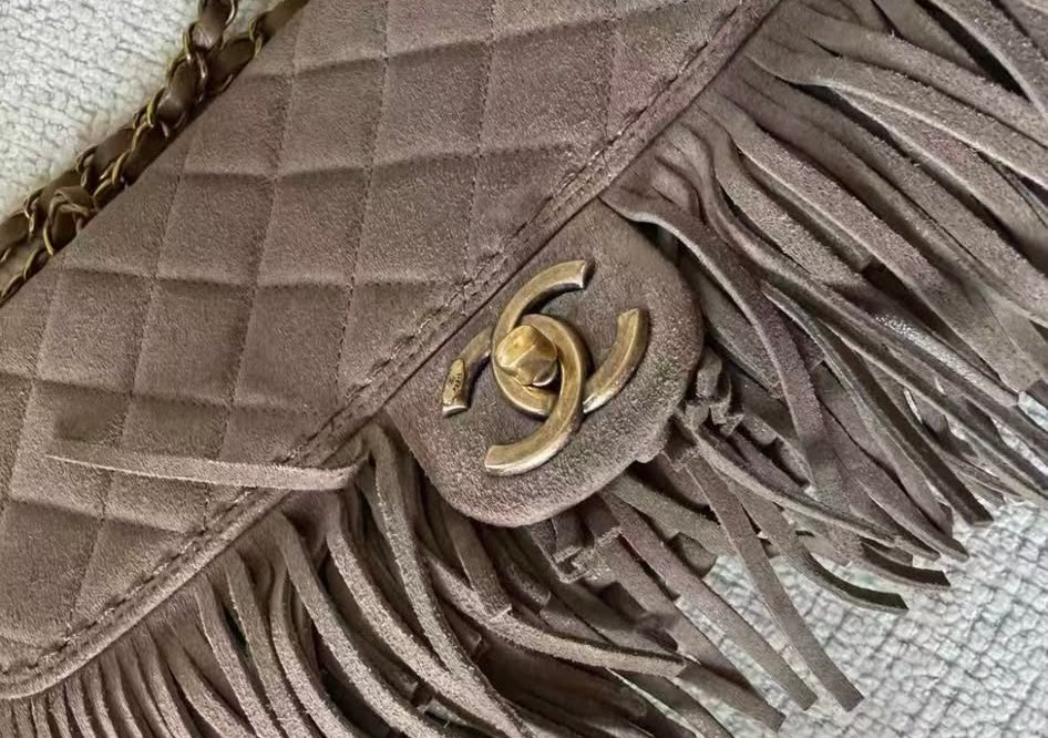 Chanel Paris-Dallas Medium Fringe Flap Bag Taupe Suede Calfskin Antique Gold Tone Hardware 2014