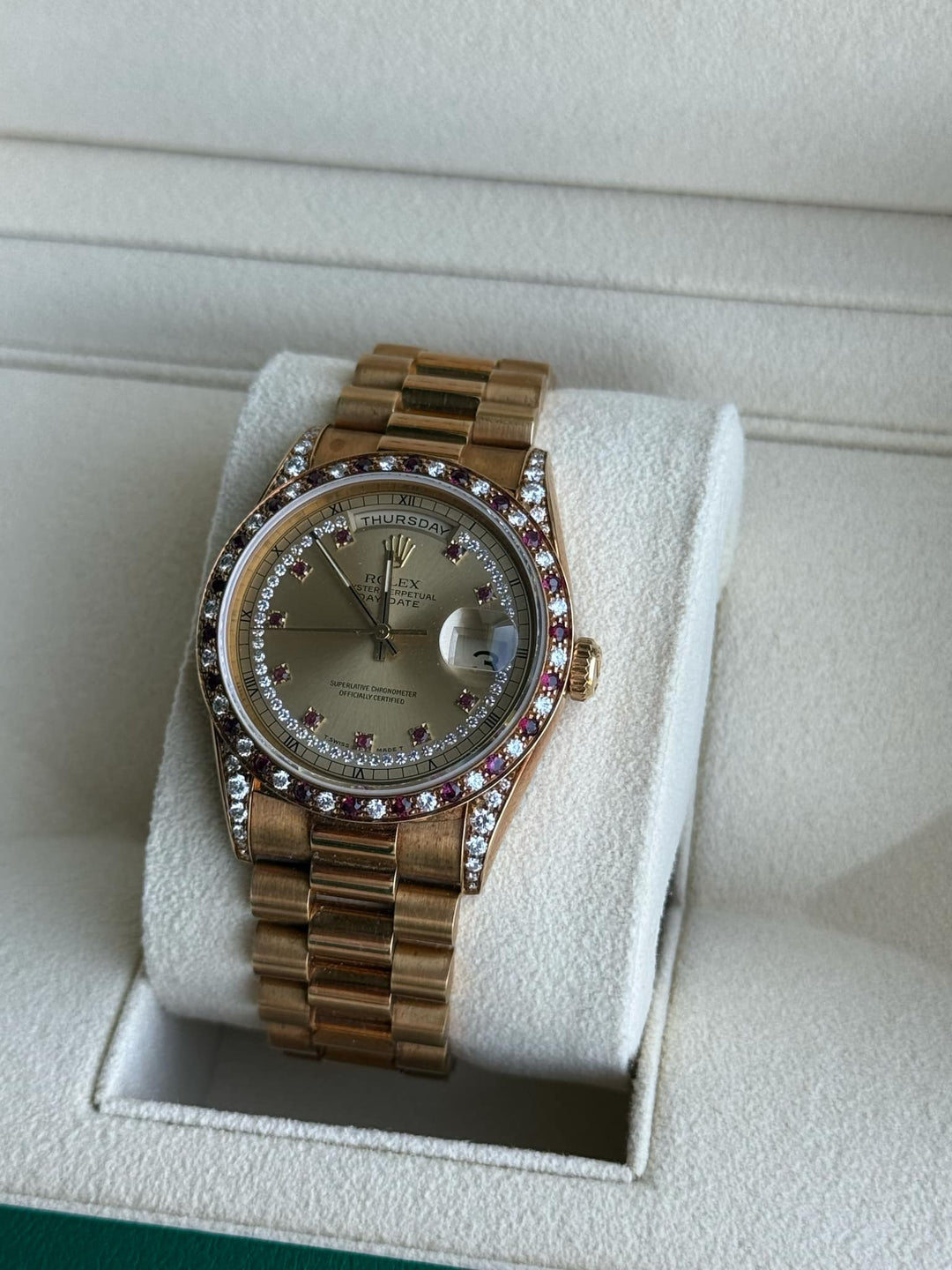 Vintage 1990 Rolex Day-Date 36mm Yellow Gold, Ruby String Dial Diamond Watch