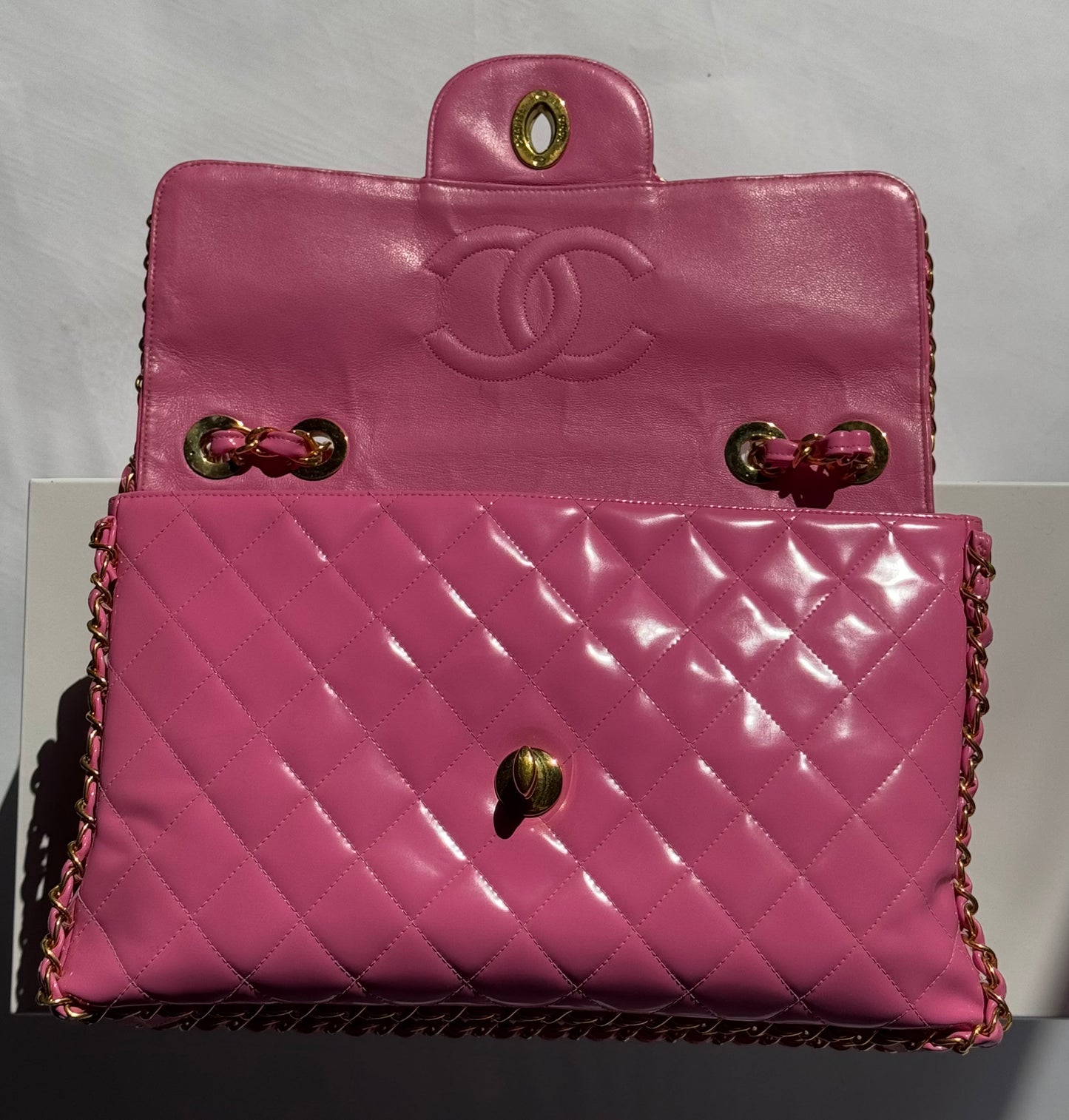 Chanel 1995 Jumbo Barbie Pink Chain Around Flap Bag