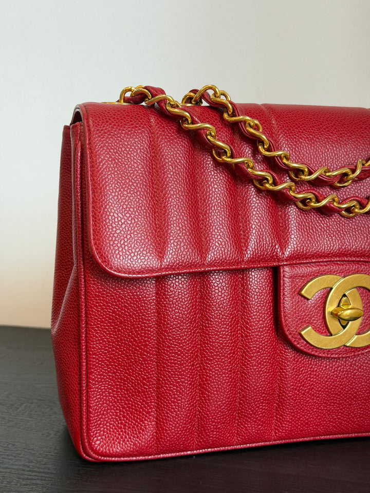 Chanel Vertical Flap Jumbo Red Caviar 24K Gold Plated Hardware 1994