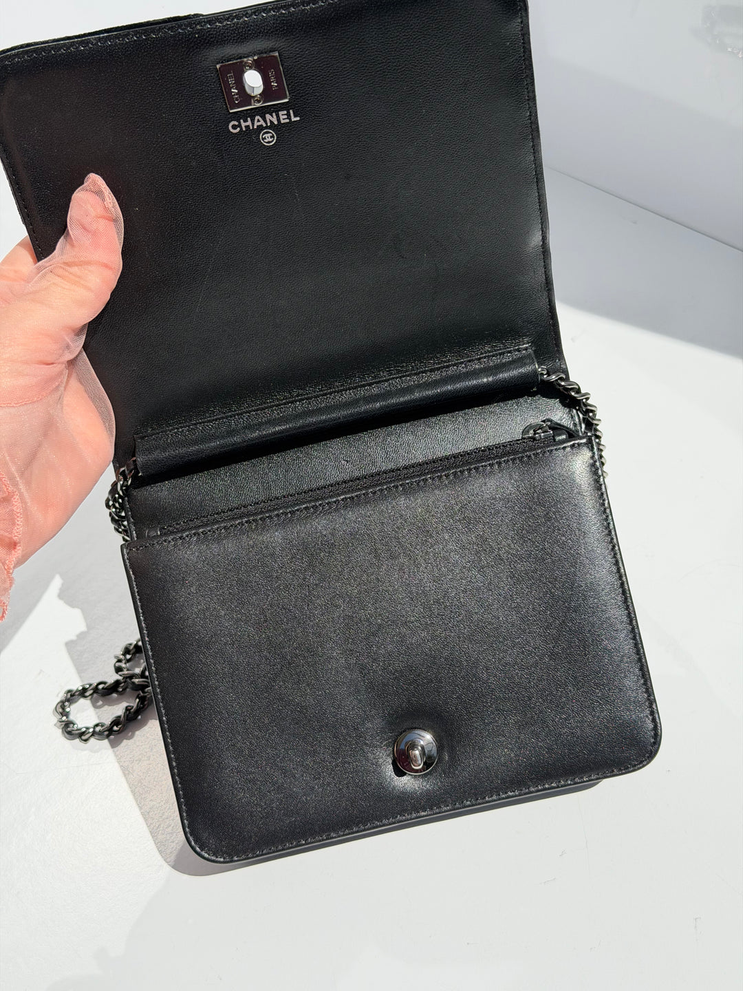 Chanel Black Mixed Media Patchwork Square Wallet on Chain Silver Hardware 2018