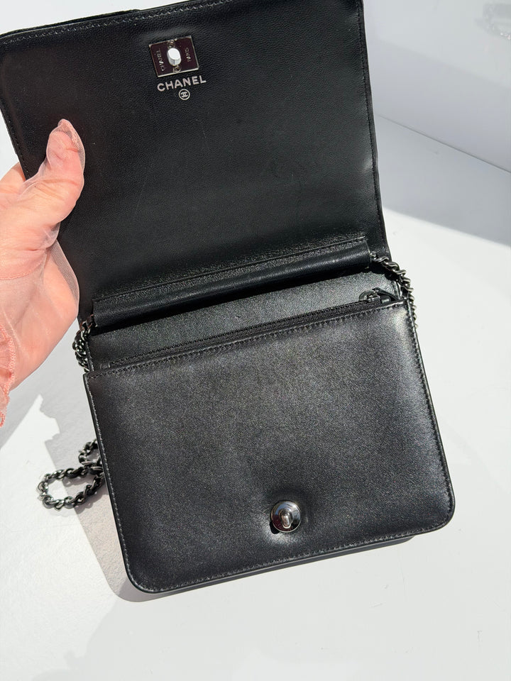 Chanel Black Mixed Media Patchwork Square Wallet on Chain Silver Hardware 2018