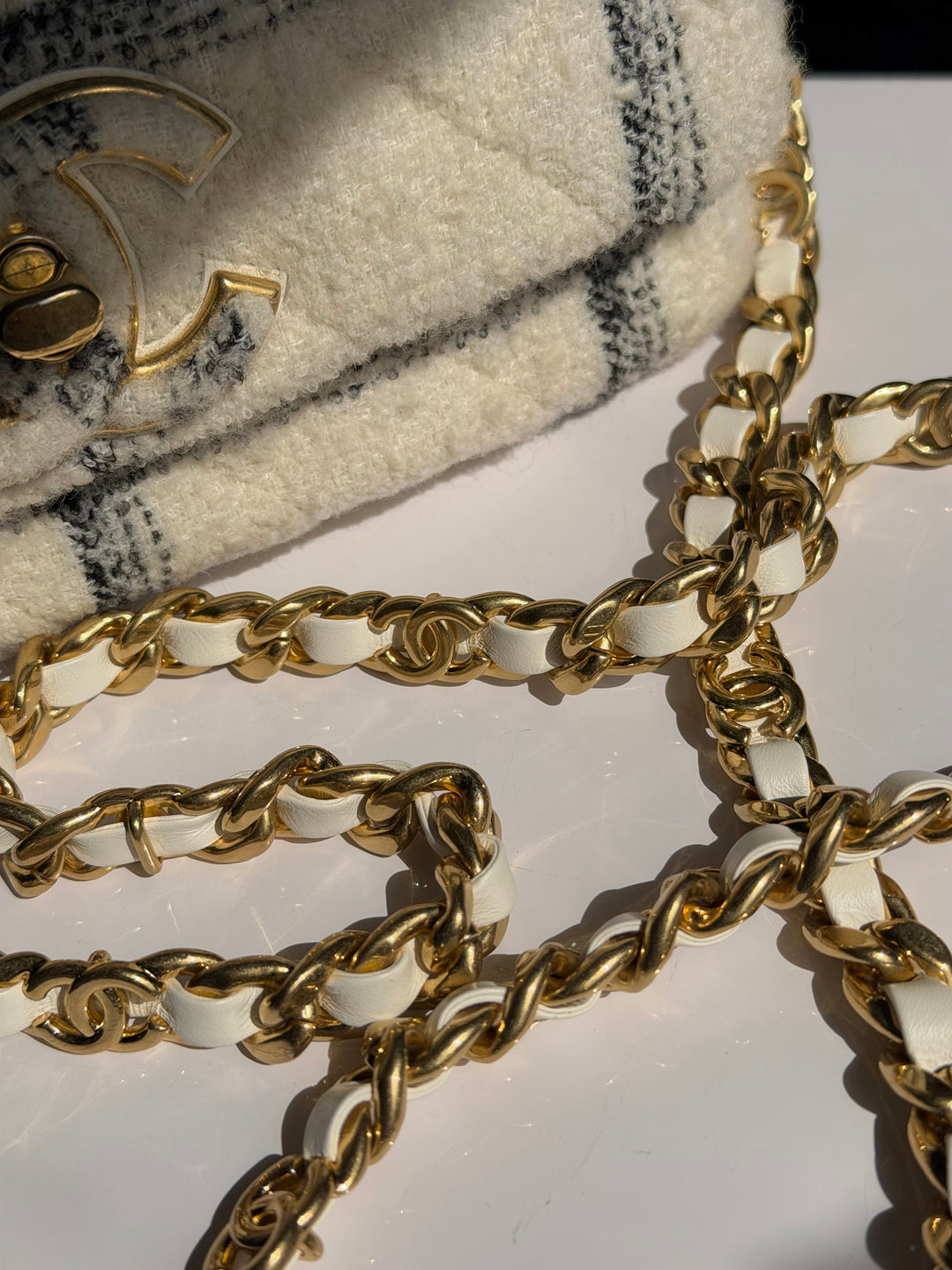 Chanel Small Elegant Chain Flap Wool Tweed White Black Gold Hardware 2022
