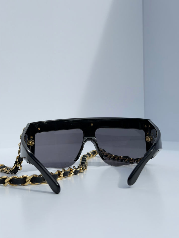 Chanel 1992 Runway Chain Sunglasses Black Gold Hardware