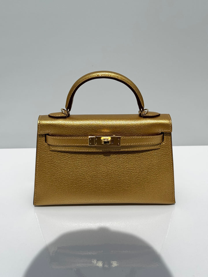 Hermes Mini Sellier Gold Metallic Chevre Dore Kelly 20