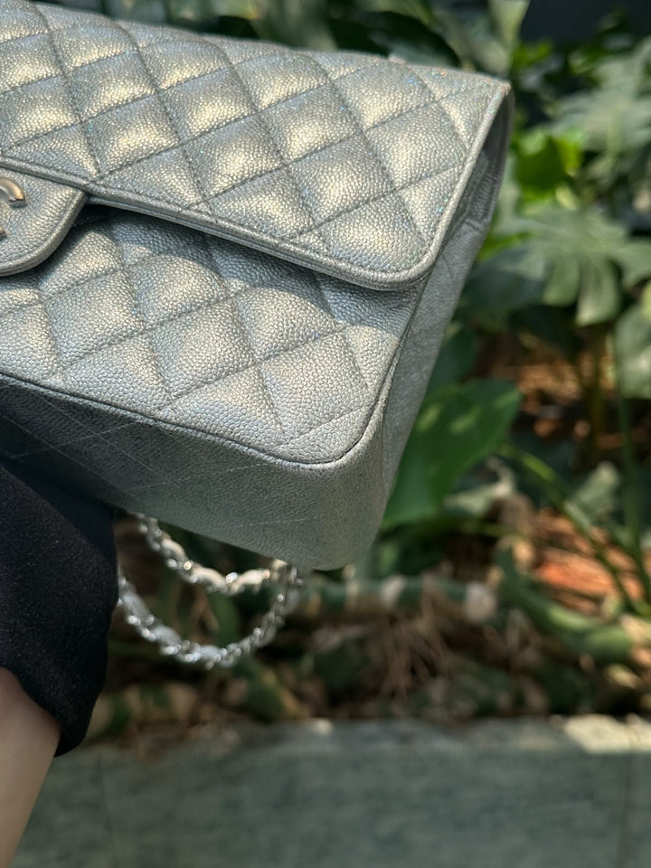 Chanel 21K Medium Flap Bag Silver Metallic Caviar Leather Silver Tone Hardware 2021