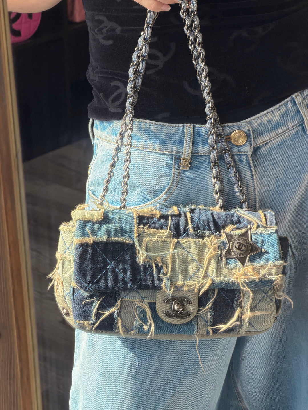 Chanel Paris-Dallas Flap Bag Blue Patchwork Denim Gunmetal Hardware 2014
