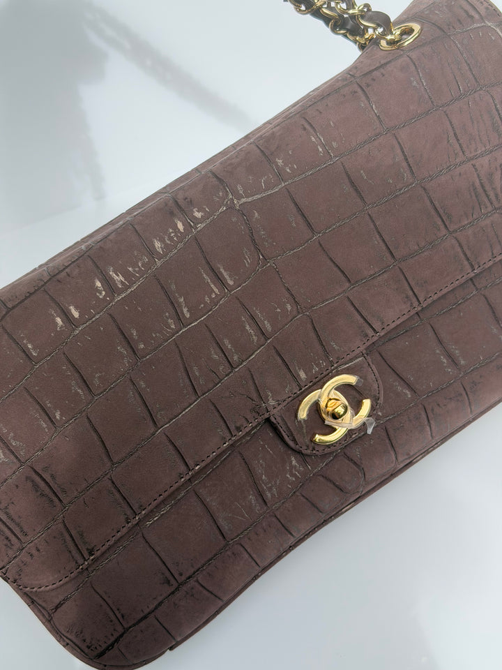 Chanel Maxi Flap Bag Brown Croc-Embossed Suede Calfskin Gold Tone Hardware 2026