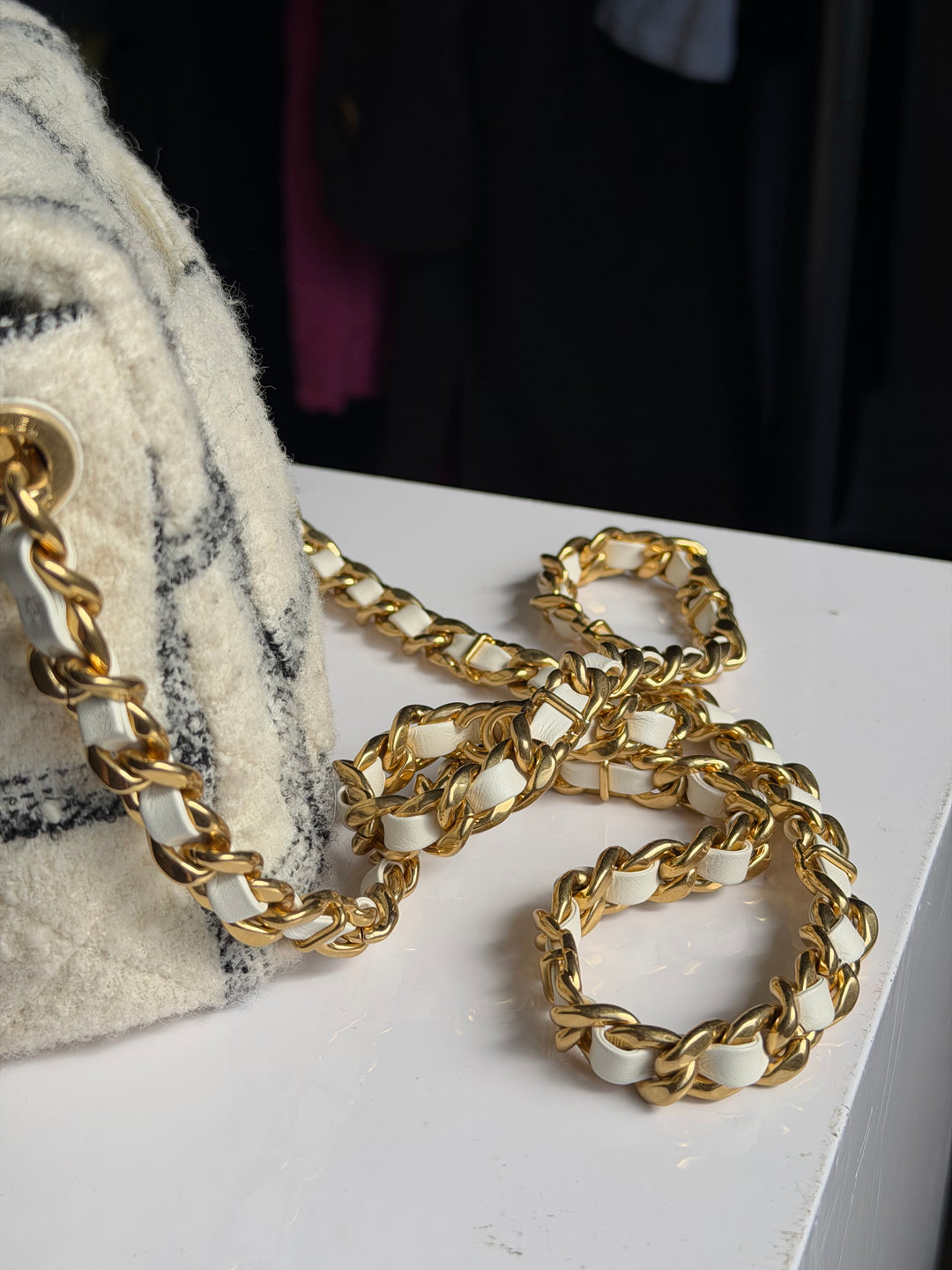 Chanel Small Elegant Chain Flap Wool Tweed White Black Gold Hardware 2022