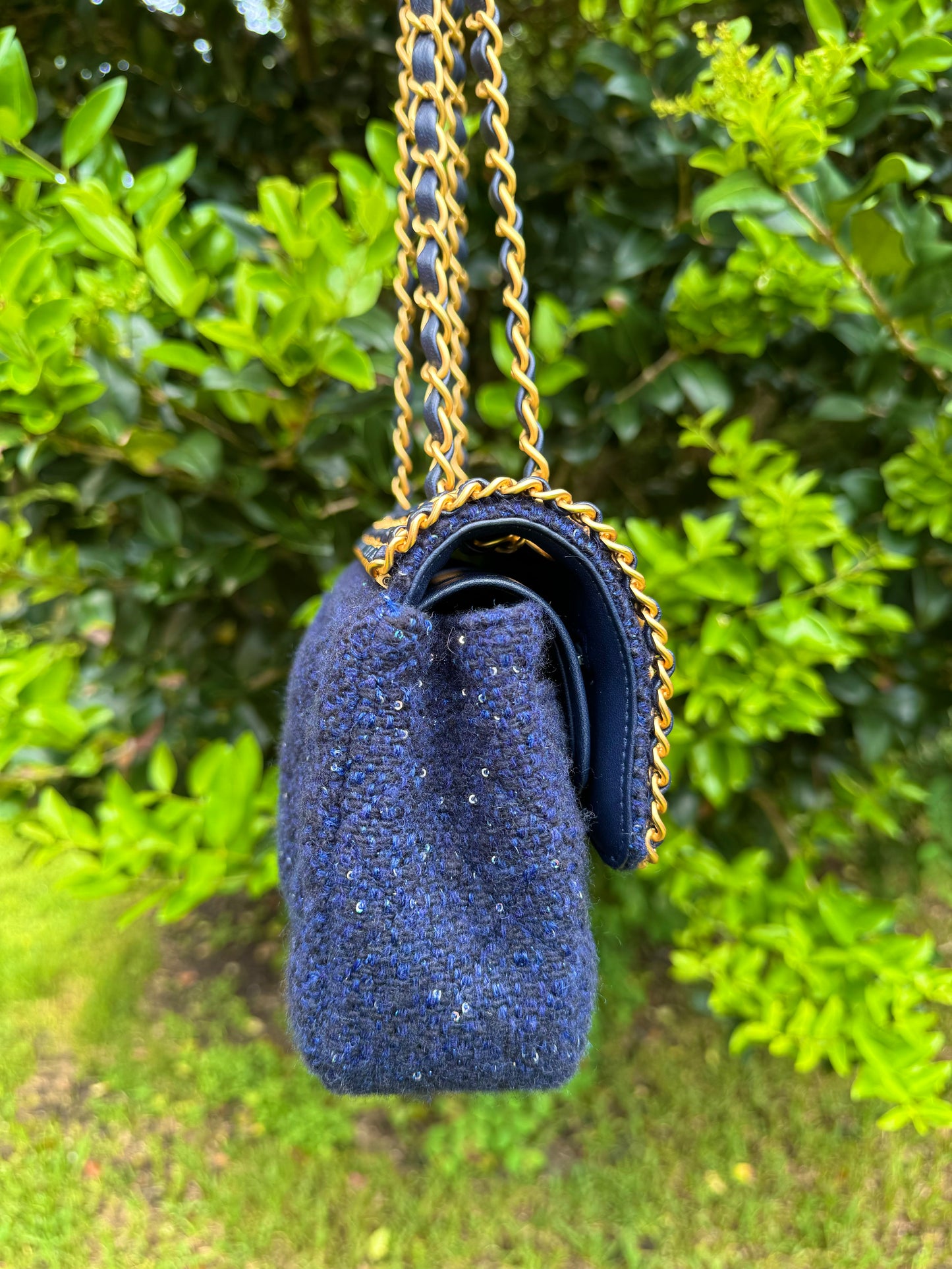 Chanel 2020 Small Woven Chain Blue Tweed Classic Flap