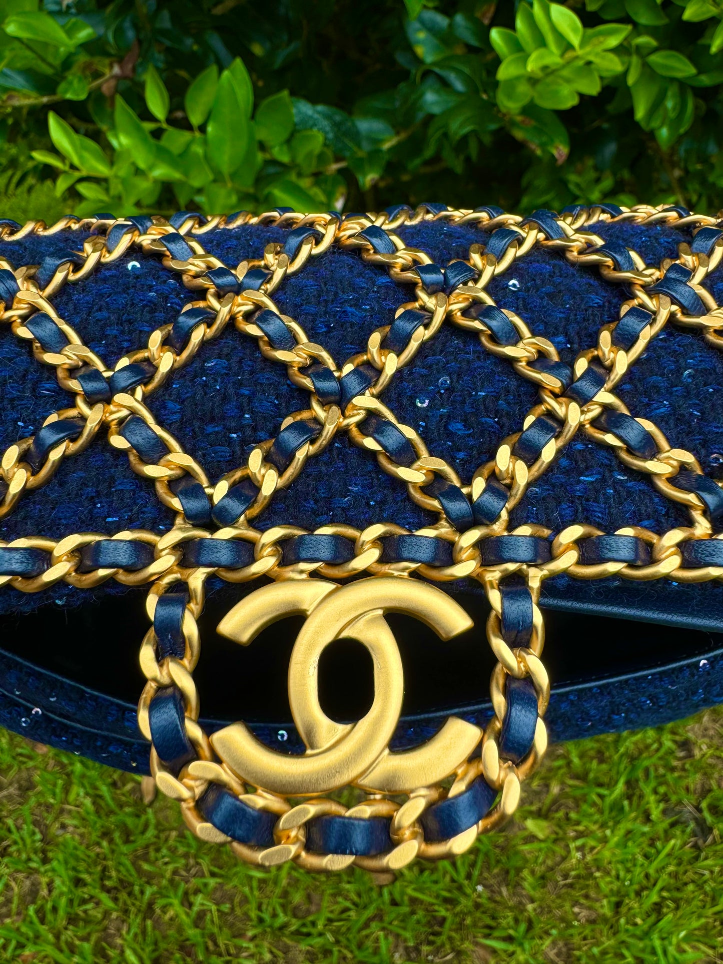 Chanel 2020 Small Woven Chain Blue Tweed Classic Flap