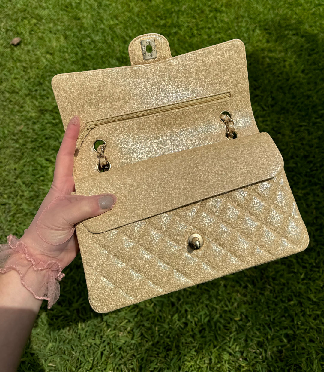 Chanel 19S Beige Iridescent Medium Caviar Classic Flap