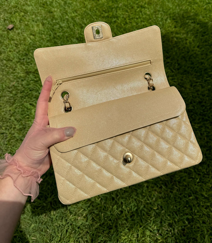 Chanel 19S Beige Iridescent Medium Caviar Classic Flap