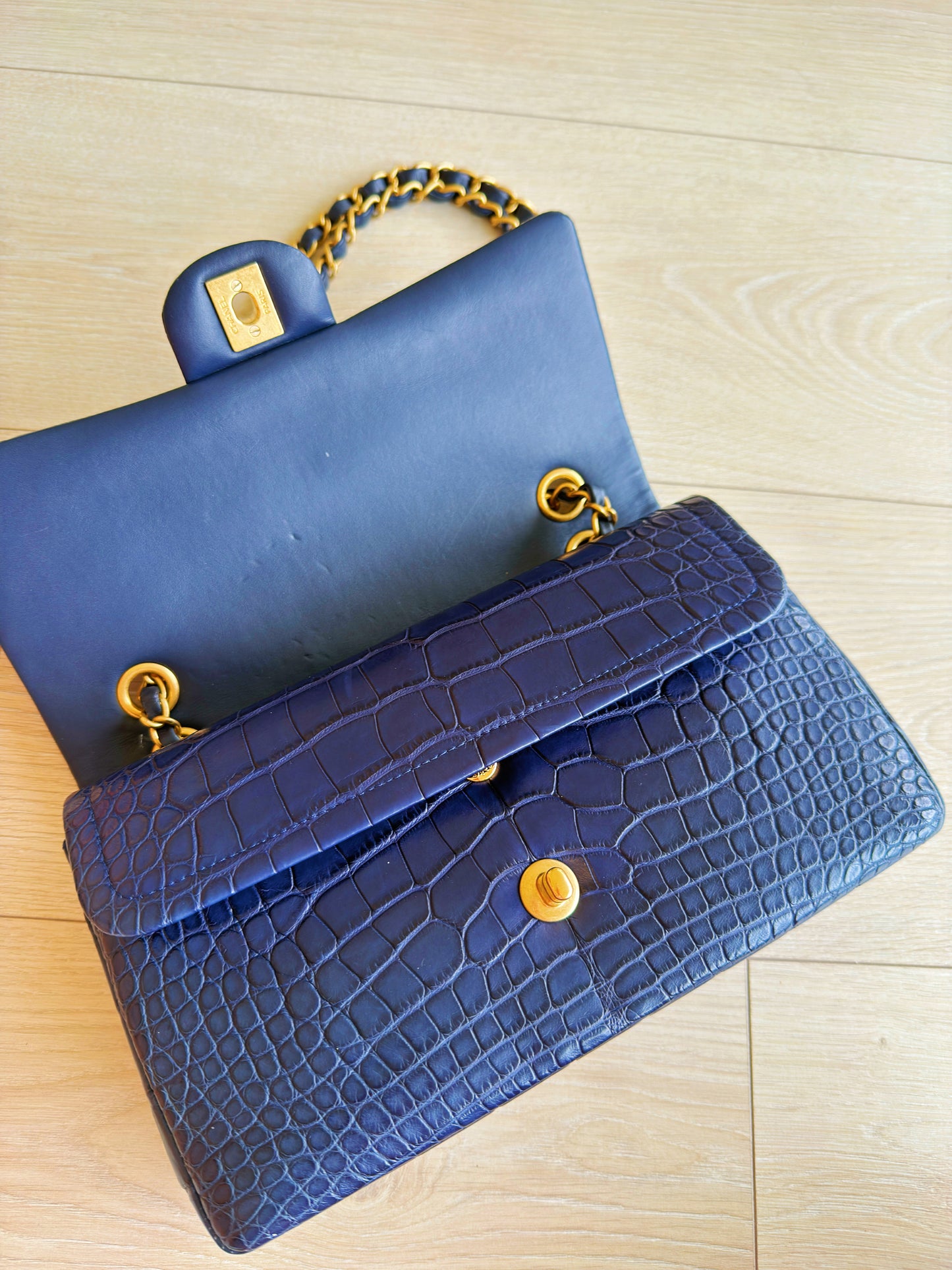 Chanel Navy Blue Matte Alligator Medium Classic Flap Bag