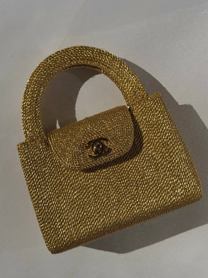 Chanel RARE 1998 Gold Silk Woven Mini Kelly