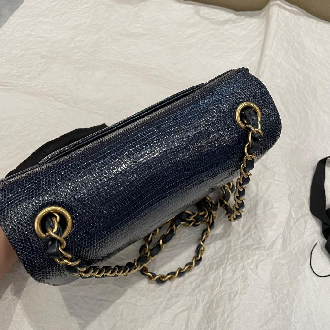 Chanel Navy Blue Lizard Mini Flap Brushed Gold Hardware 2018