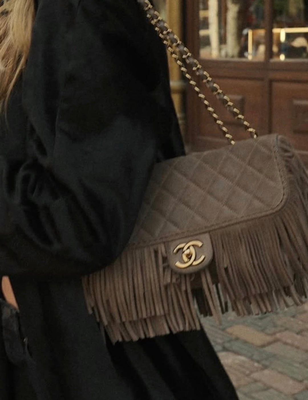 Chanel Paris-Dallas Medium Fringe Flap Bag Taupe Suede Calfskin Antique Gold Tone Hardware 2014