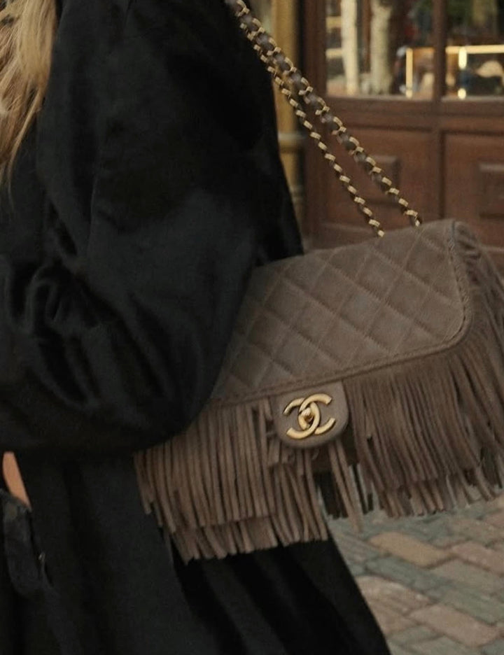 Chanel Paris-Dallas Medium Fringe Flap Bag Taupe Suede Calfskin Antique Gold Tone Hardware 2014