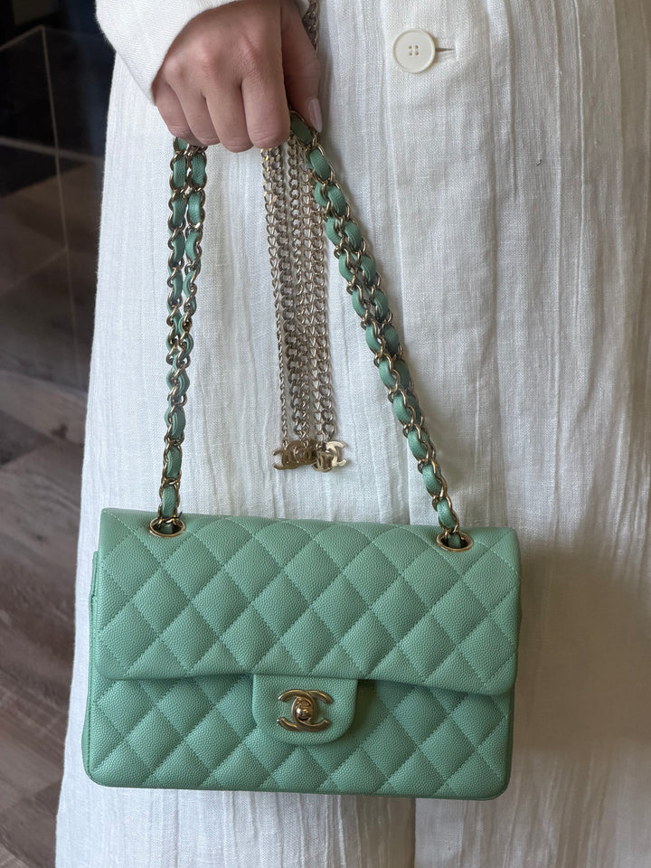 Chanel Small Classic Double Flap Caviar Green Light Gold Hardware 2023