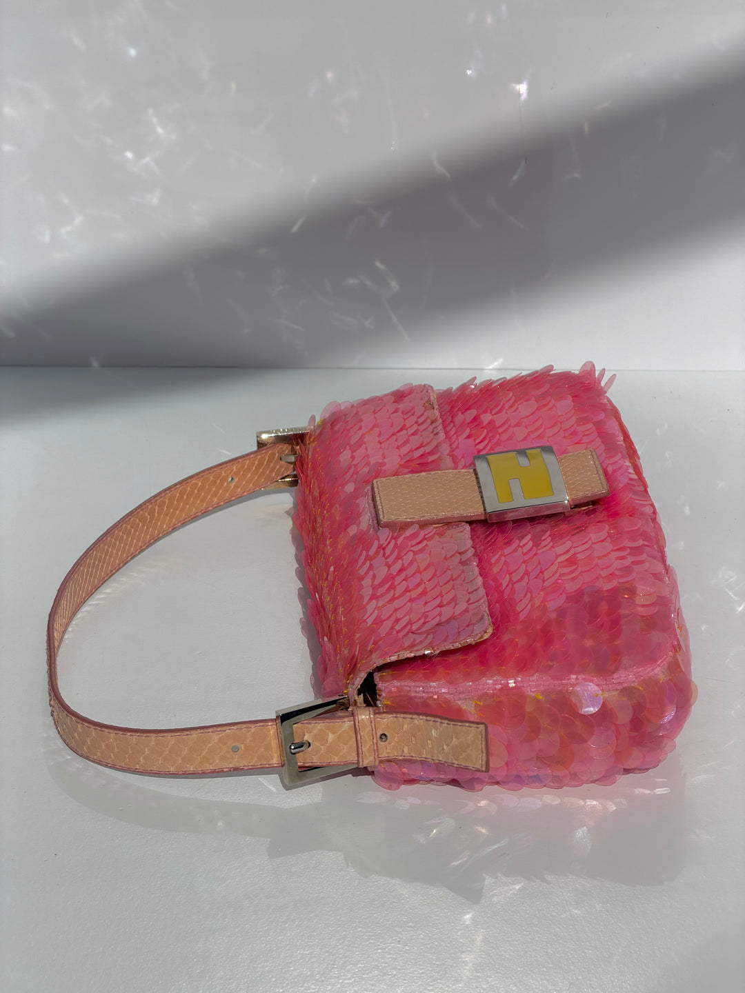 Fendi Pink Sequin Baguette Python Trim Silver Hardware 1998