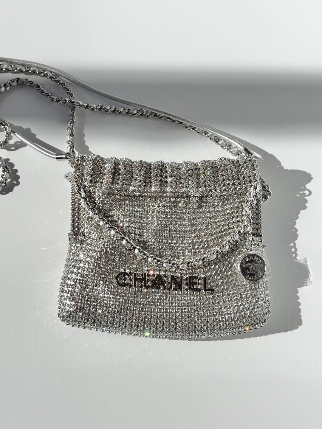 Chanel Mini Chanel 22 Crystal Embellished Metallic Lambskin Silver Silver Hardware