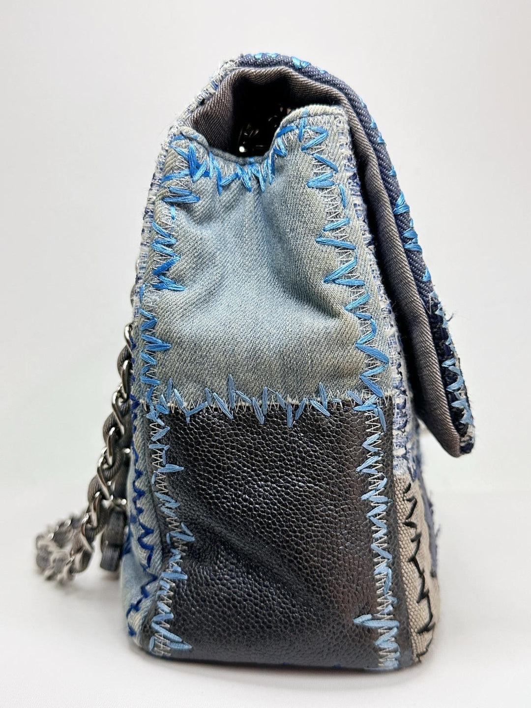 Chanel Jumbo Single Flap Patchwork Denim Blue Tweed Textile Leather Silver Hardware 2015