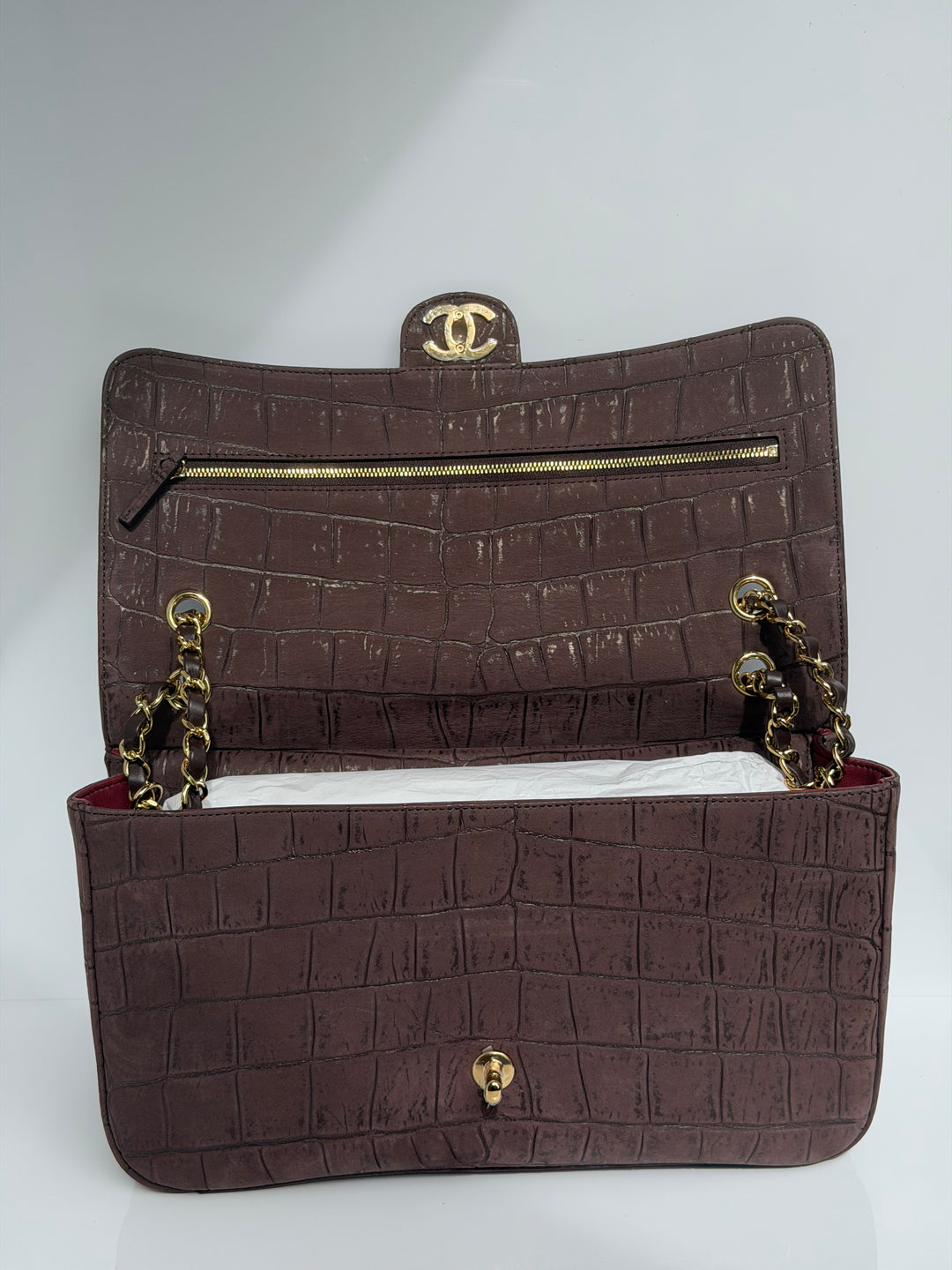 Chanel Maxi Flap Bag Brown Croc-Embossed Suede Calfskin Gold Tone Hardware 2026