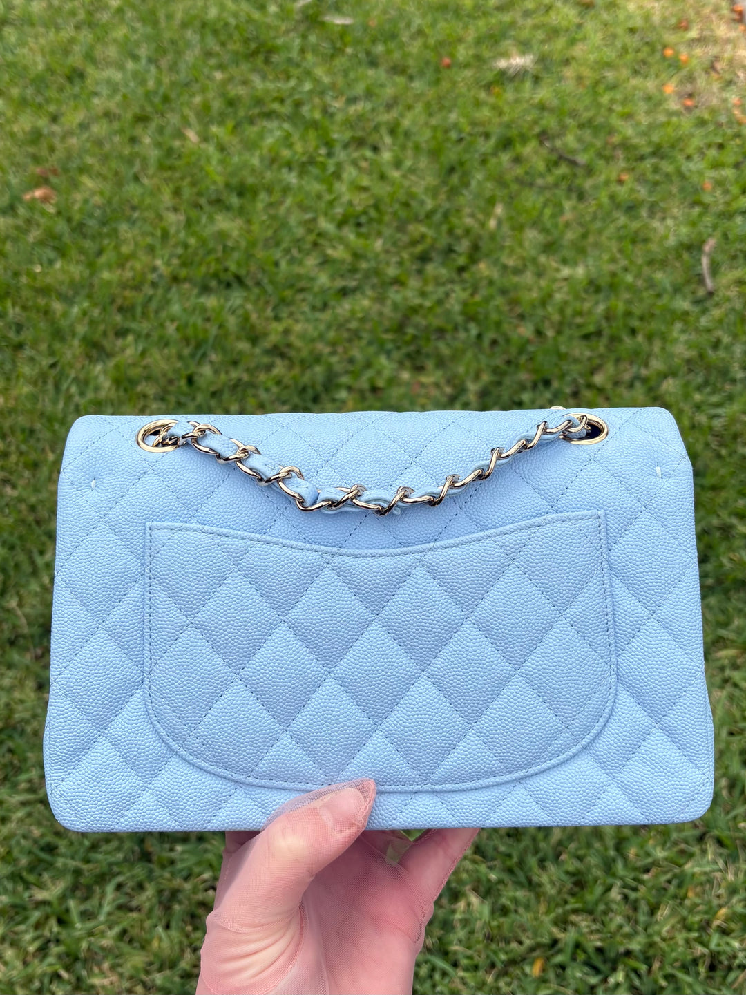 Chanel Small Classic Double Flap Caviar Light Blue Light Gold Hardware 2023