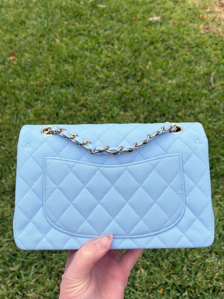 Chanel Small Classic Double Flap Caviar Light Blue Light Gold Hardware 2023