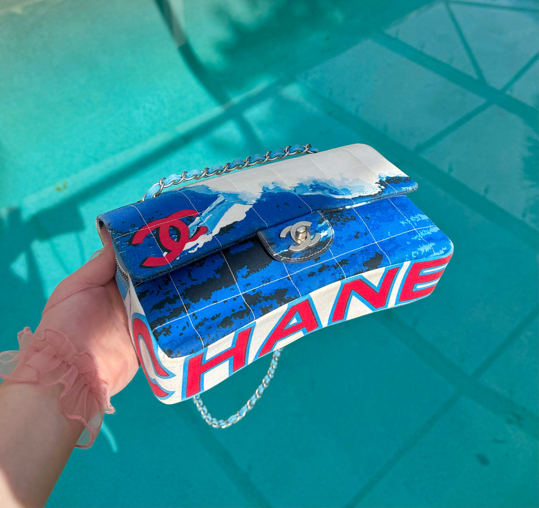 Chanel Surf Line Choco Bar Flap Blue Canvas Silver Hardware 2002