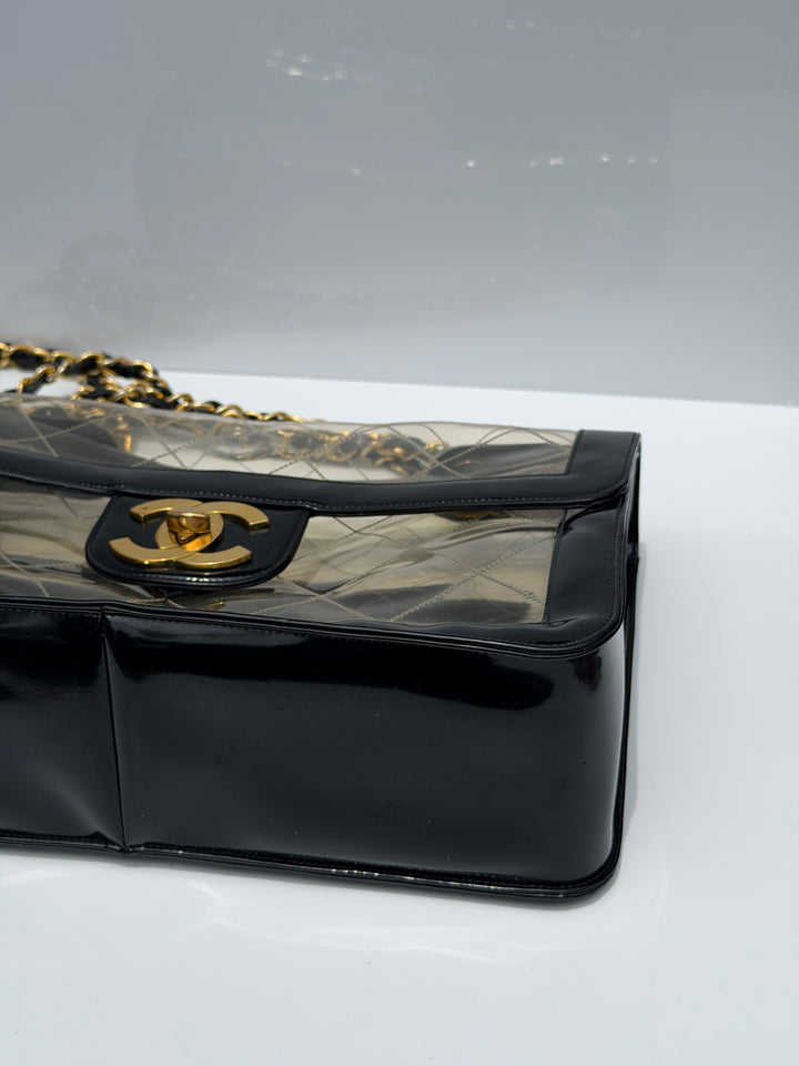 Chanel Maxi Classic Flap Bag Clear Vinyl Black Patent Leather Gold Hardware 1994
