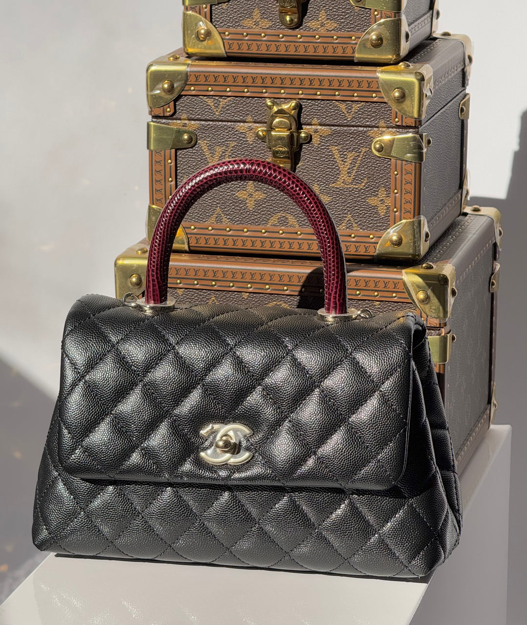 Chanel Small Black Caviar Coco + Burgundy Lizard Top Handle