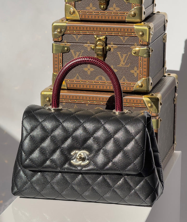 Chanel Small Black Caviar Coco + Burgundy Lizard Top Handle