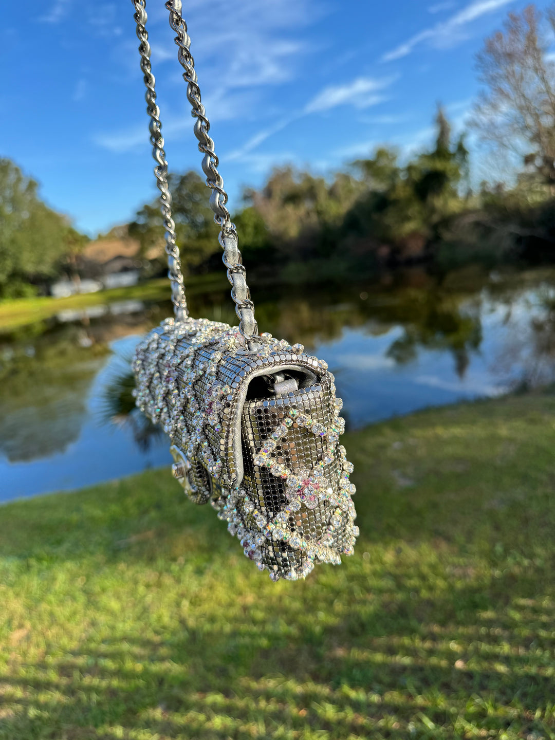 Chanel Silver Crystal Embellished Mini Flap