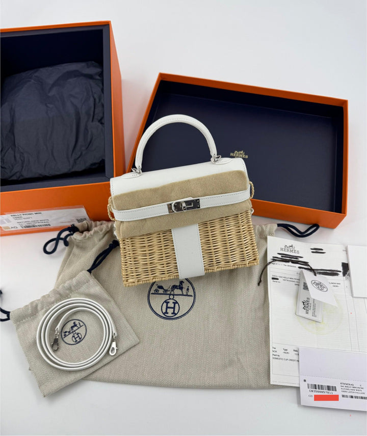 Hermès Mini Kelly Picnic Wicker New White Palladium Hardware 2023