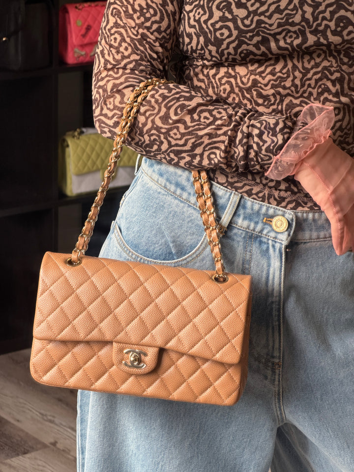 Chanel Medium Classic Flap Bag Dark Beige Caviar Gold Tone Hardware 2018