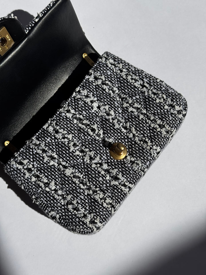 Chanel Black & White Mini Tweed Pearl Flap Bag